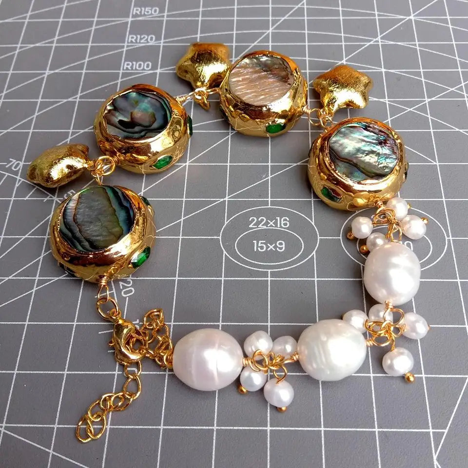 YYGEM 11x13mm Cultured White Rice Pearl 22mm Rainbow Color Abalone Shell Wrap Bracelet 8"