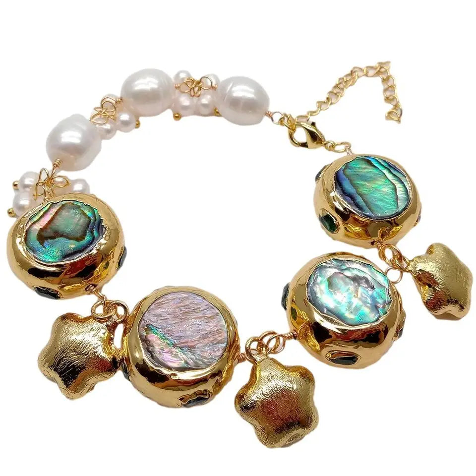 YYGEM 11x13mm Cultured White Rice Pearl 22mm Rainbow Color Abalone Shell Wrap Bracelet 8"