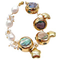 YYGEM 11x13mm Cultured White Rice Pearl 22mm Rainbow Color Abalone Shell Wrap Bracelet 8"
