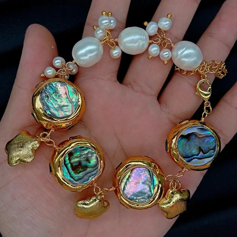 YYGEM 11x13mm Cultured White Rice Pearl 22mm Rainbow Color Abalone Shell Wrap Bracelet 8"