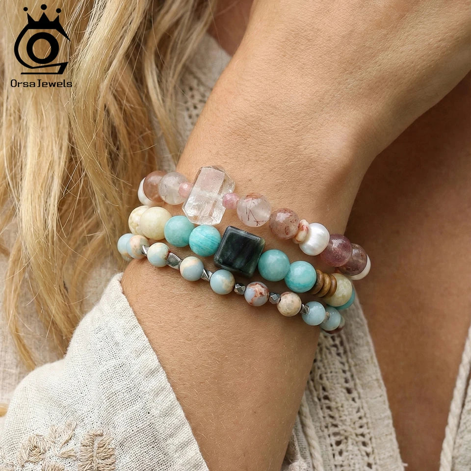 ORSA JEWELS Handmade Crystal & Natural Stone Bead Bracelet For Women's Elastic Bangle Romantic Jewelry Daily Wear Gift GMB87