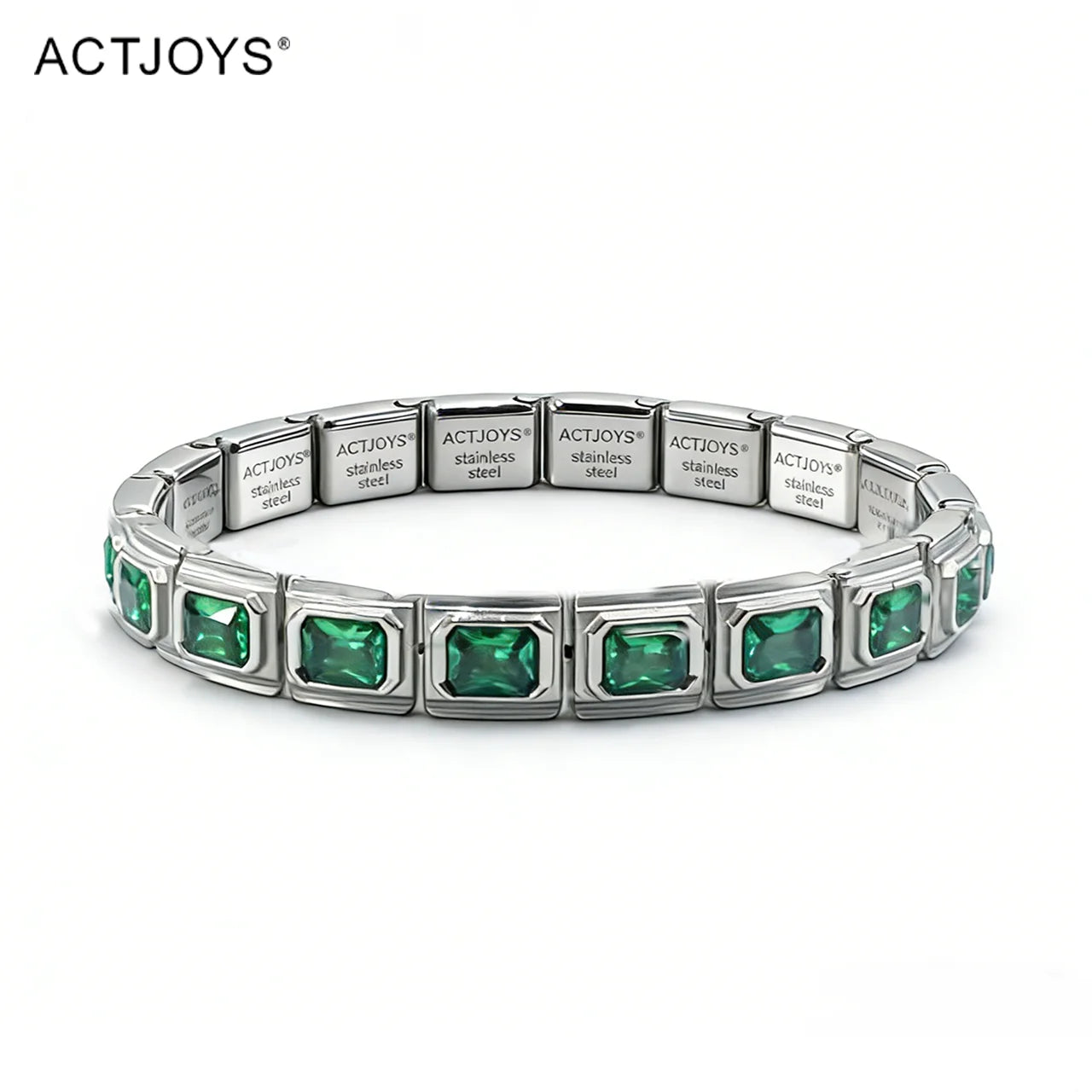 2026 Actjoys Bracelet Elegant 9mm Charm Bracelet Blue Emerald Cut Crystal Stainless Steel Modular Links DIY Personalized Jewelry