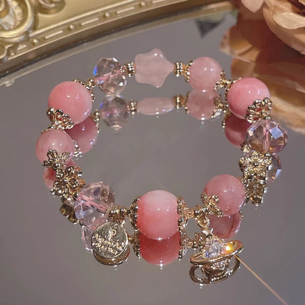New Natural Crystal Colored Lily Valley Women's Bracelet Fashion Sweet Crystal Bead Elastic Bracelet Birthday Jewelry Gift