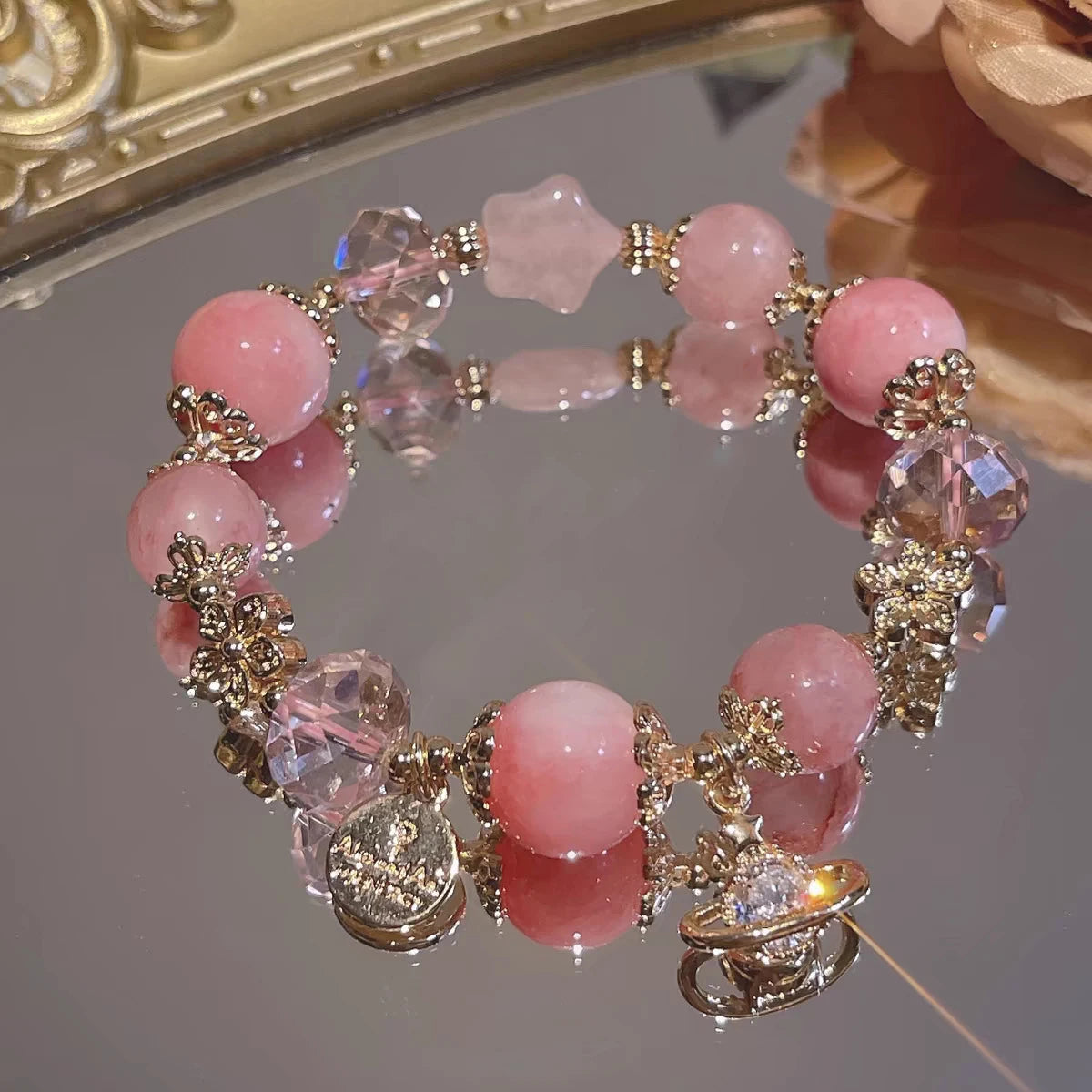 New Natural Crystal Colored Lily Valley Women's Bracelet Fashion Sweet Crystal Bead Elastic Bracelet Birthday Jewelry Gift