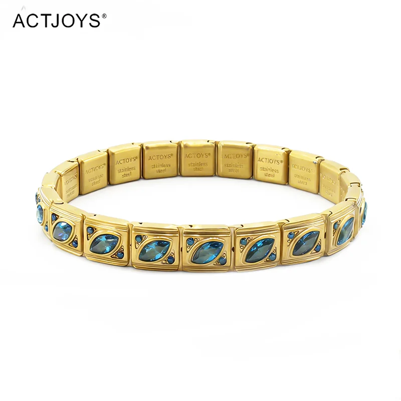 2026 Actjoys Bracelet Elegant 9mm Charm Bracelet Blue Emerald Cut Crystal Stainless Steel Modular Links DIY Personalized Jewelry