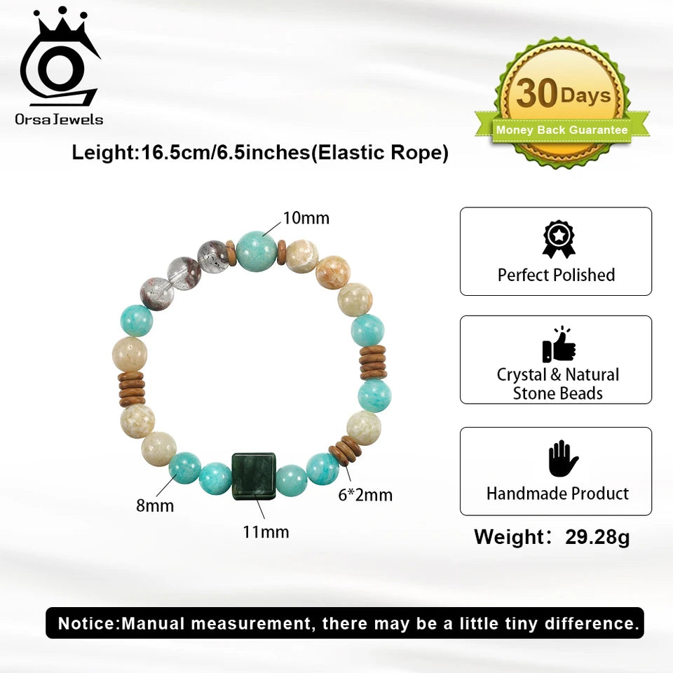ORSA JEWELS Handmade Crystal & Natural Stone Bead Bracelet For Women's Elastic Bangle Romantic Jewelry Daily Wear Gift GMB87