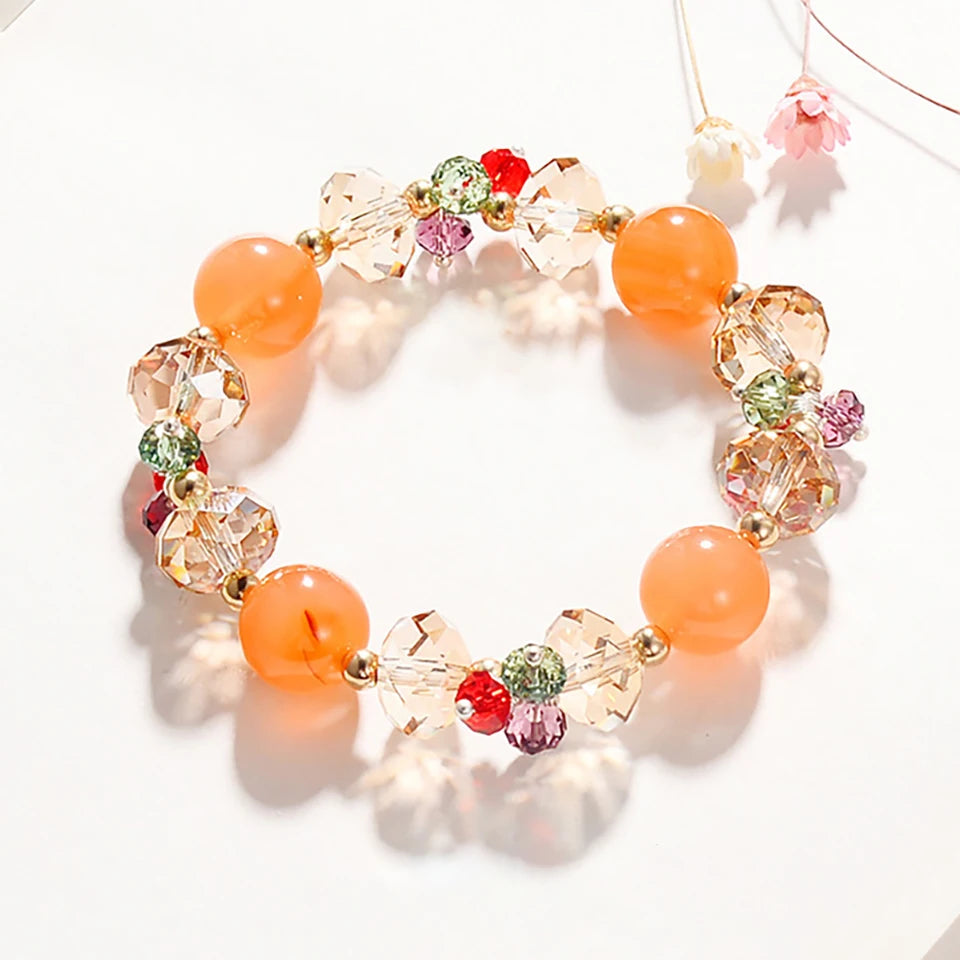New Natural Crystal Colored Lily Valley Women's Bracelet Fashion Sweet Crystal Bead Elastic Bracelet Birthday Jewelry Gift