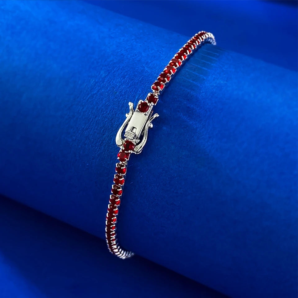 Wong Rain 100% 925 Sterling Silver 2MM Round Cut Ruby Gemstone Tennis Chain Bracelets Bangle for Women Fine Jewelry Wholesale
