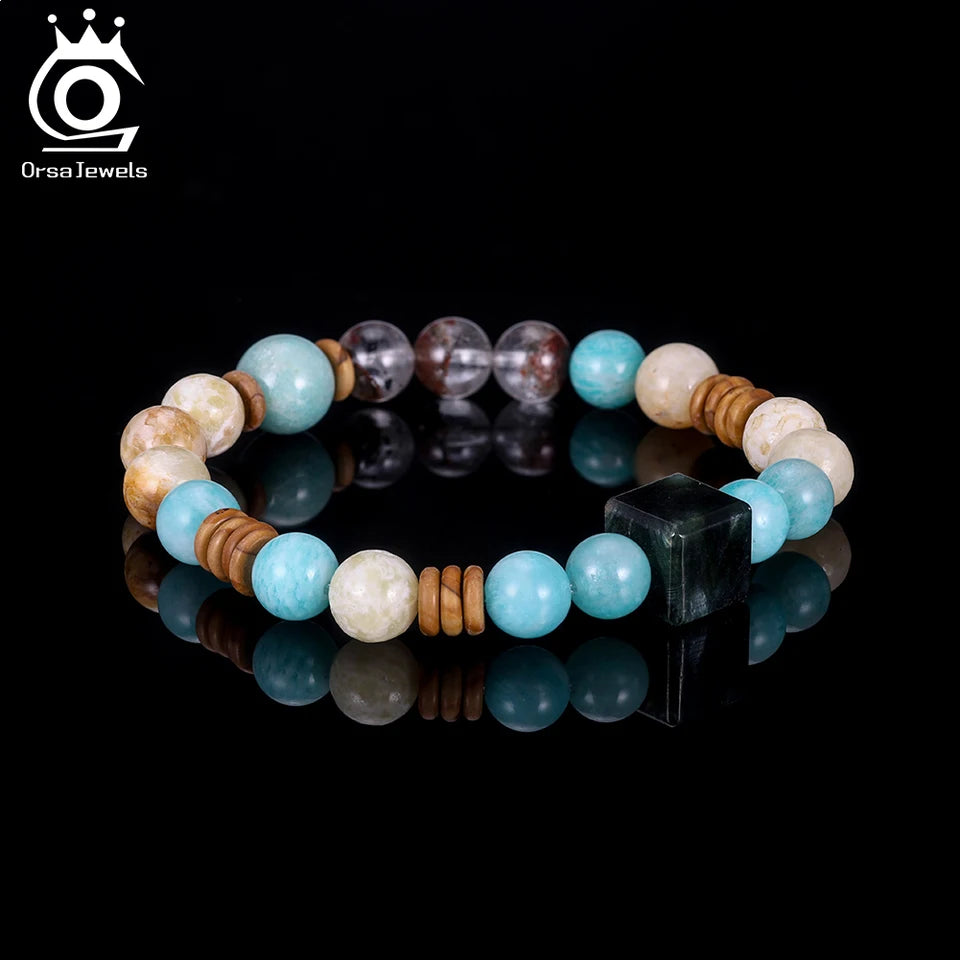 ORSA JEWELS Handmade Crystal & Natural Stone Bead Bracelet For Women's Elastic Bangle Romantic Jewelry Daily Wear Gift GMB87
