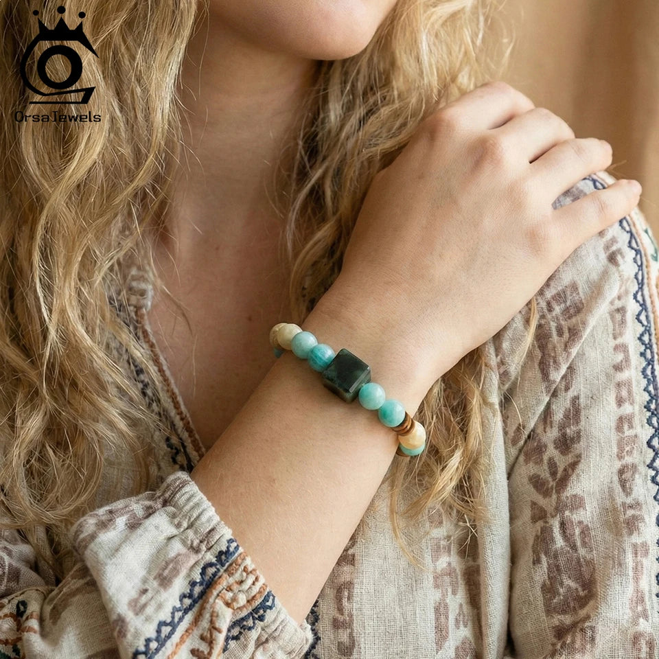 ORSA JEWELS Handmade Crystal & Natural Stone Bead Bracelet For Women's Elastic Bangle Romantic Jewelry Daily Wear Gift GMB87