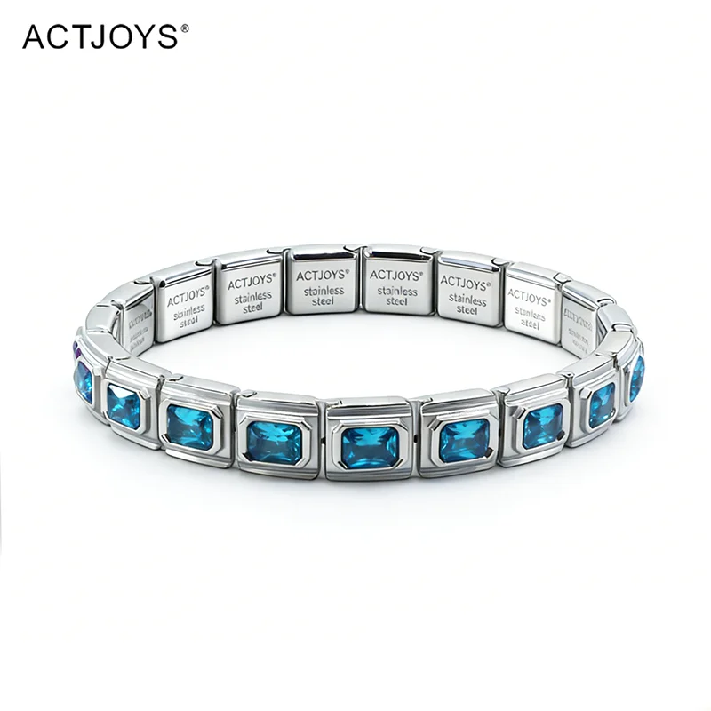 2026 Actjoys Bracelet Elegant 9mm Charm Bracelet Blue Emerald Cut Crystal Stainless Steel Modular Links DIY Personalized Jewelry