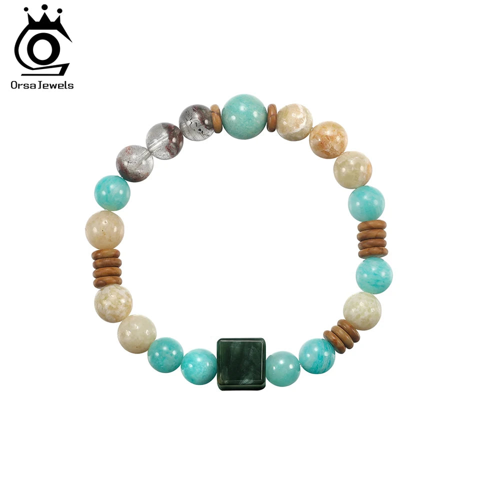 ORSA JEWELS Handmade Crystal & Natural Stone Bead Bracelet For Women's Elastic Bangle Romantic Jewelry Daily Wear Gift GMB87