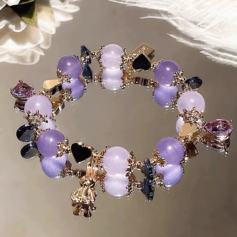 New Natural Crystal Colored Lily Valley Women's Bracelet Fashion Sweet Crystal Bead Elastic Bracelet Birthday Jewelry Gift
