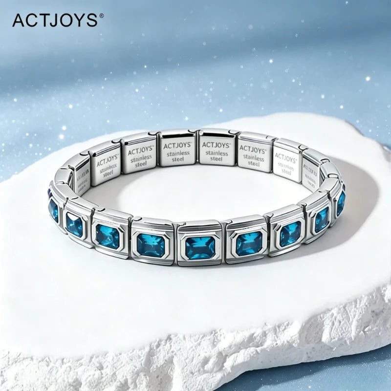2026 Actjoys Bracelet Elegant 9mm Charm Bracelet Blue Emerald Cut Crystal Stainless Steel Modular Links DIY Personalized Jewelry