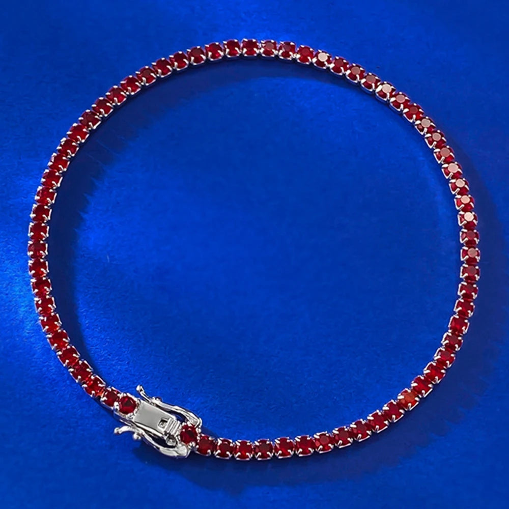 Wong Rain 100% 925 Sterling Silver 2MM Round Cut Ruby Gemstone Tennis Chain Bracelets Bangle for Women Fine Jewelry Wholesale