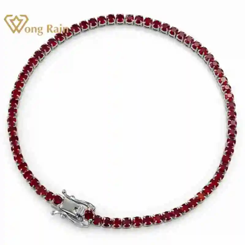 Wong Rain 100% 925 Sterling Silver 2MM Round Cut Ruby Gemstone Tennis Chain Bracelets Bangle for Women Fine Jewelry Wholesale
